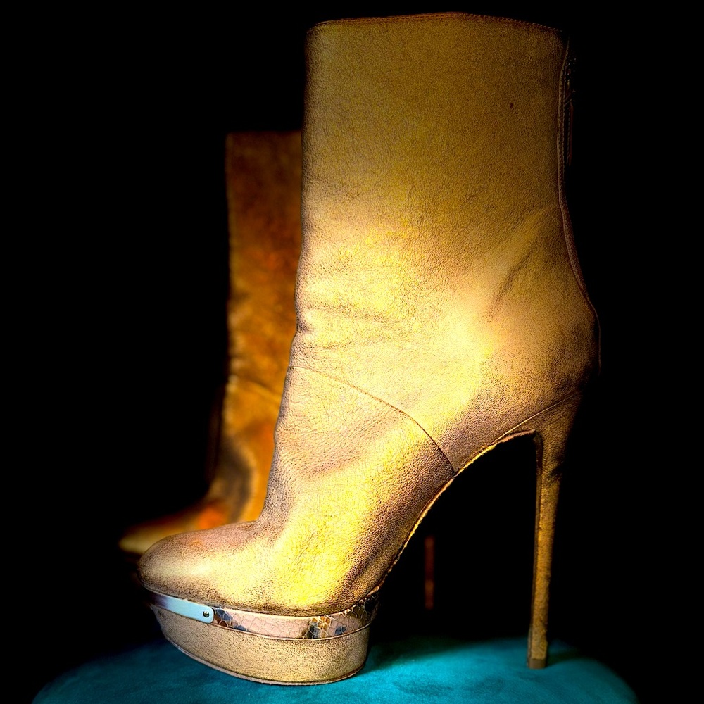 Brian Atwood 6” stiletto Fuveau Gold Leather mid calf boot